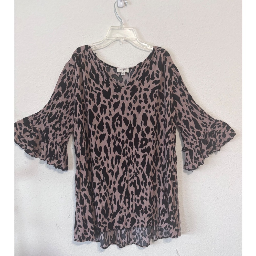 Umgee Boho Top Animal Print Bell Sleeve‎ V Neck Tunic Oversized Small Hippie